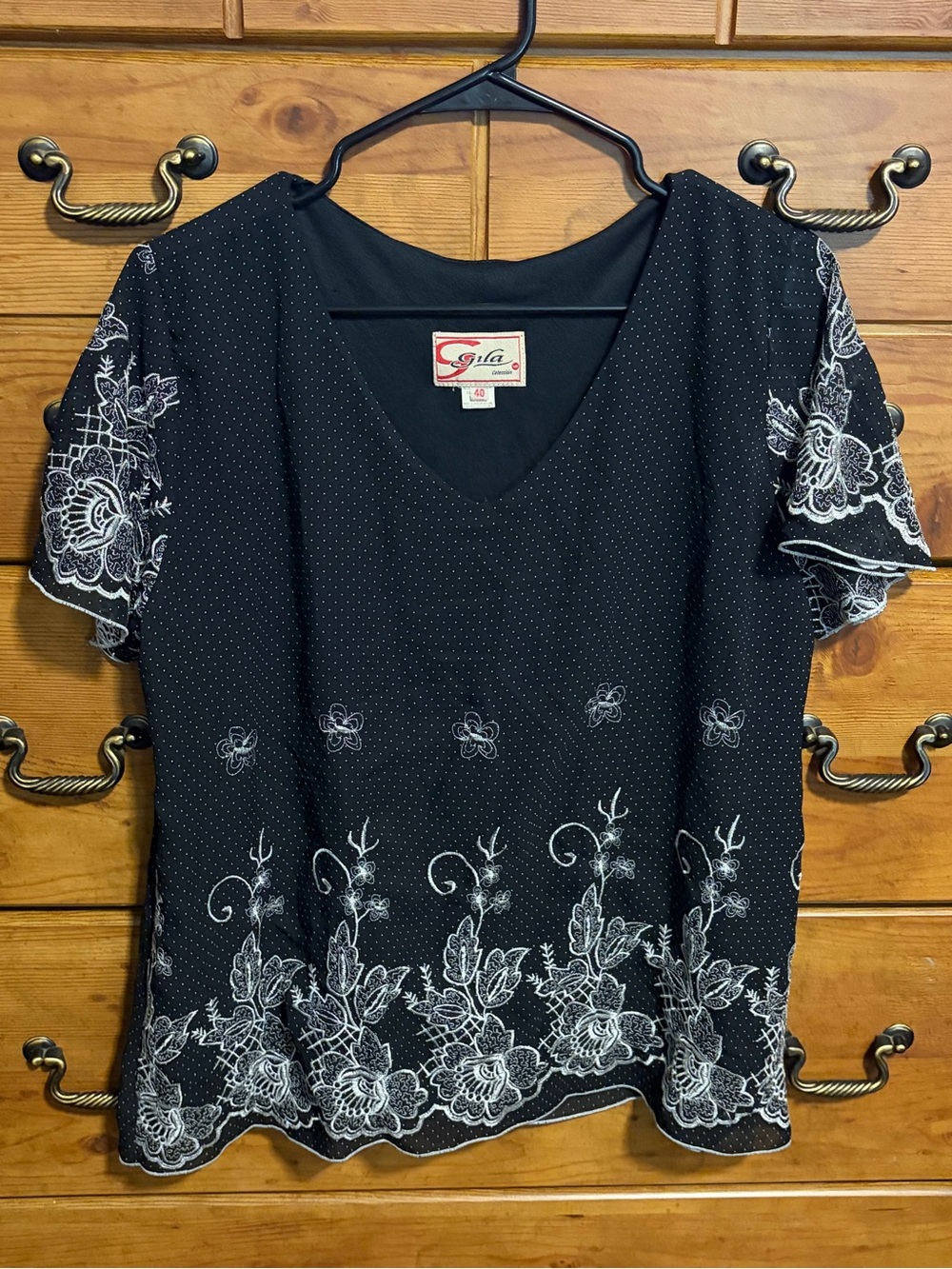Black V-Neck Blouse with White Floral Embroidery